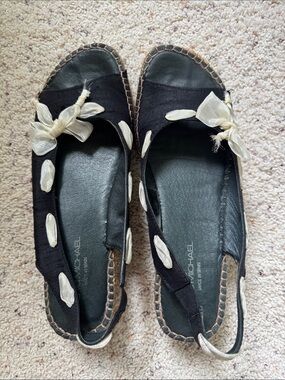 Eric Michael Black Espadrille Slingback Flats with Cream Bow Accents